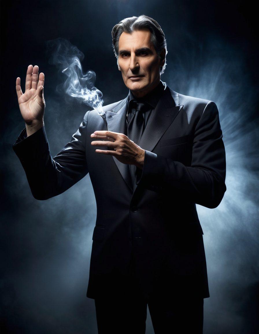 A mystical scene featuring Uri Geller on stage, elegantly dressed and performing a captivating magic trick, with swirling energy surrounding his hands as he bends a spoon. The audience is enraptured, their expressions a mix of awe and disbelief. The background is filled with soft, ethereal lights and deep shadows to evoke a sense of wonder. Incorporate elements of the supernatural, like wisps of light or ghostly figures watching from the sidelines. super-realistic. vibrant colors. dramatic lighting.