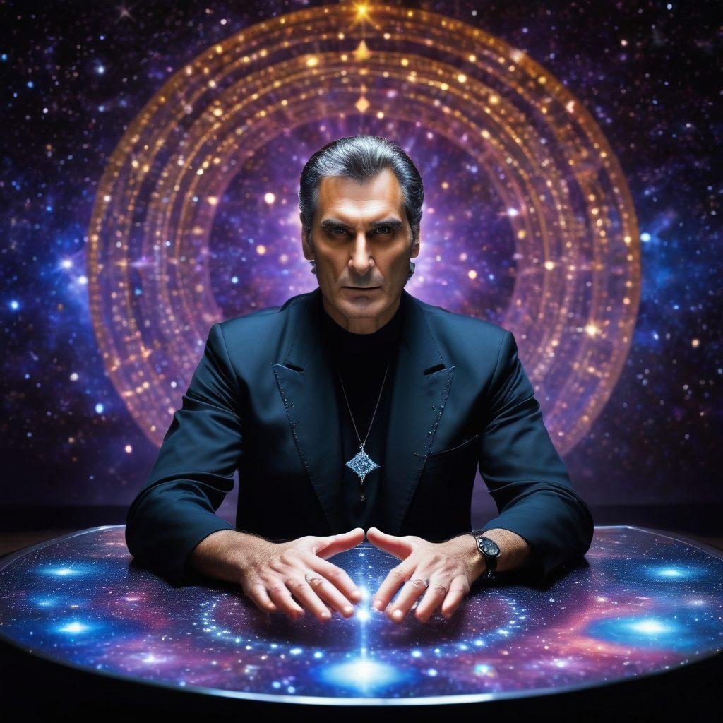 Enchanting scene showcasing Uri Geller in a mystical setting, performing mind control with mesmerizing, swirling energy patterns surrounding him. Include vintage psychic symbols and a glowing crystal in the foreground. Ethereal light beams illuminating the backdrop filled with stars and galaxies, evoking a sense of wonder. surrealist. vibrant colors. mystical atmosphere.