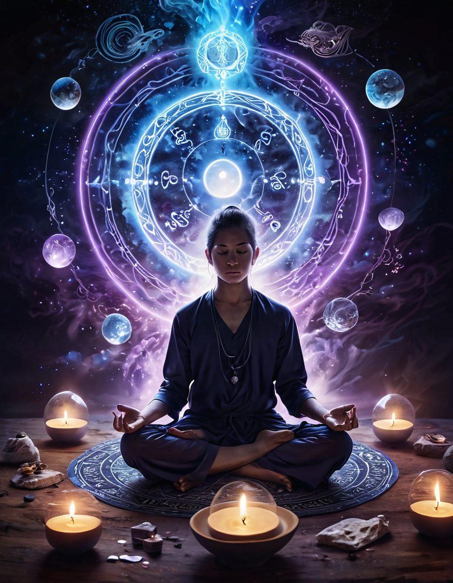 A serene and mystical scene depicting a person meditating in a tranquil setting, surrounded by swirling energy and subtle light effects. Include symbols of psychic ability like tarot cards, crystal balls, and a spoon bending in mid-air, representing mind control techniques. The atmosphere should exude a sense of calm and enlightenment, with soft hues of blue and purple. surreal art. vibrant colors.
